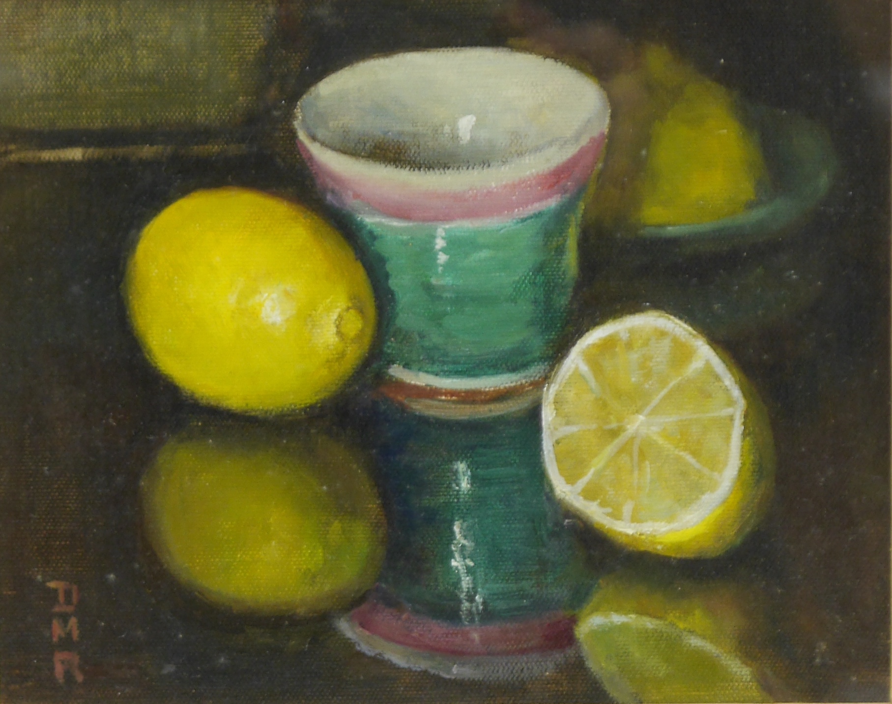 Modern British, oil on canvas board, Still life of lemons and vessels, monogrammed D.M.R., 19 x 24cm. Condition - good